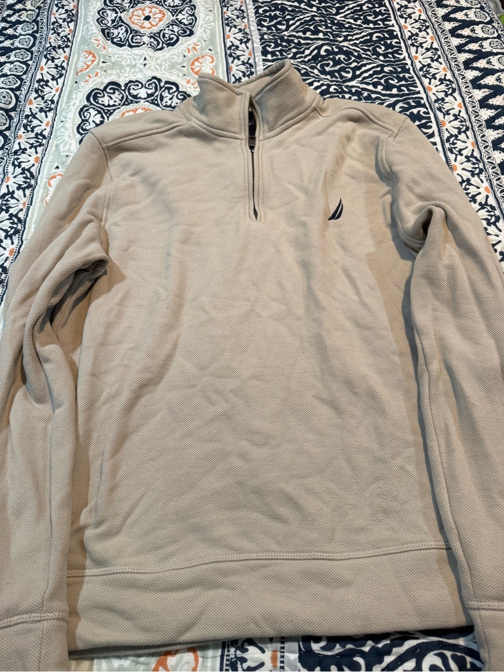 Nautica Men’s Beige Quarter-Zip Sweater - Classic Sail Logo.  Size large.